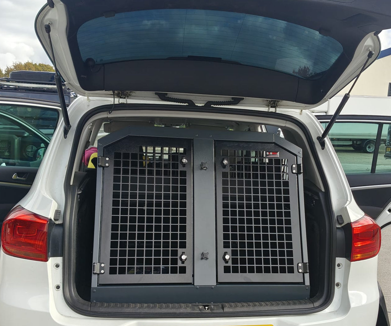White car with open trunk containing a pet crate